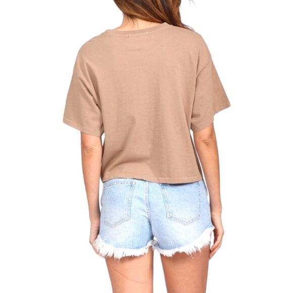 New! Daydreamer Women's Peace Sun Boxy Short Sleeve Crop Tee Taupe Tan XS NWT - Picture 3 of 16